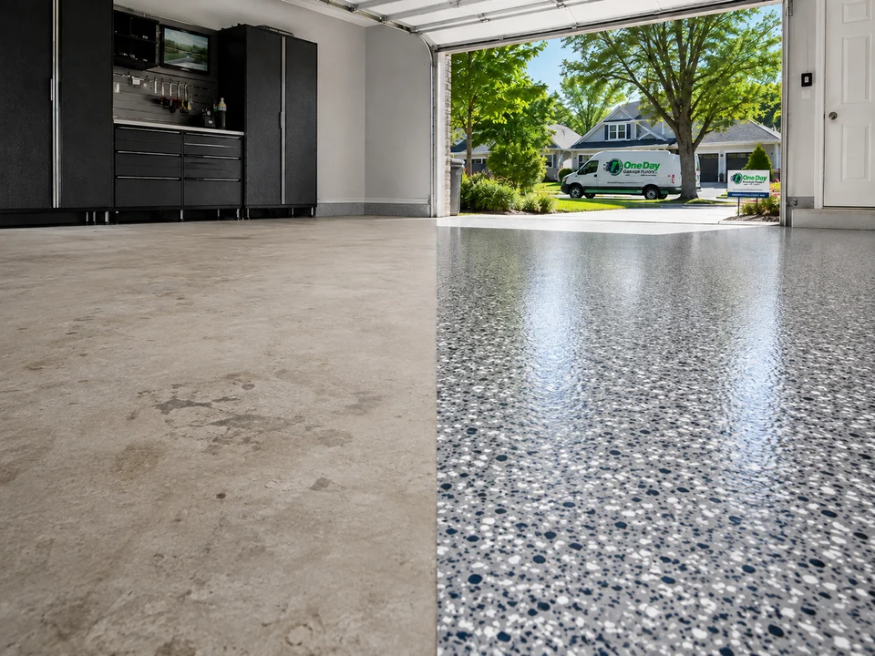 Split image showing worn bare concrete on one side and a finished glossy epoxy floor on the other