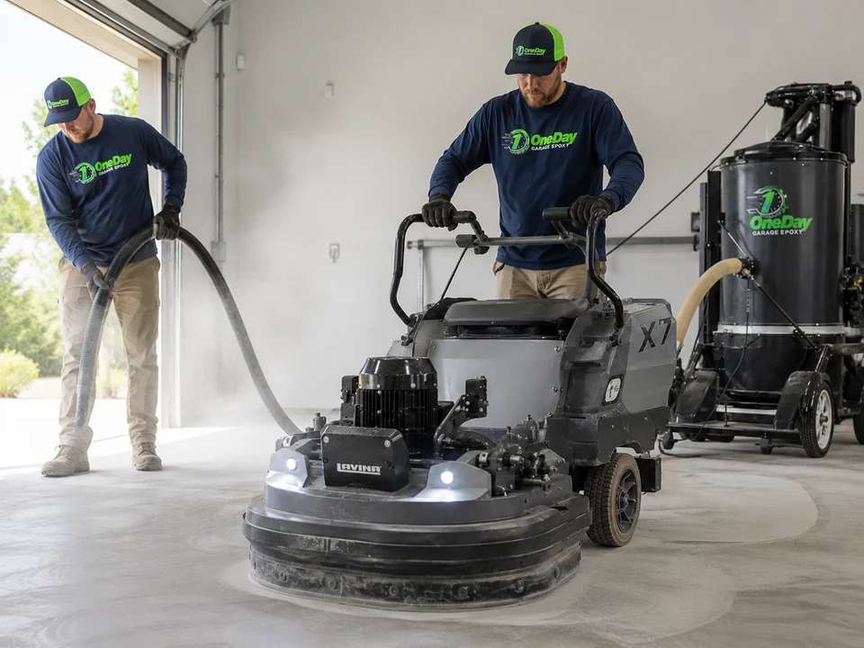 Crew members using a diamond grinder and dust vacuum to prep a bare concrete garage floor