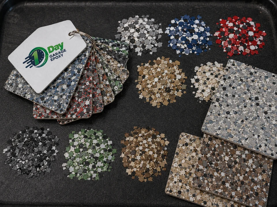 Overhead view of loose epoxy flake color chips and a fanned sample chip keyring