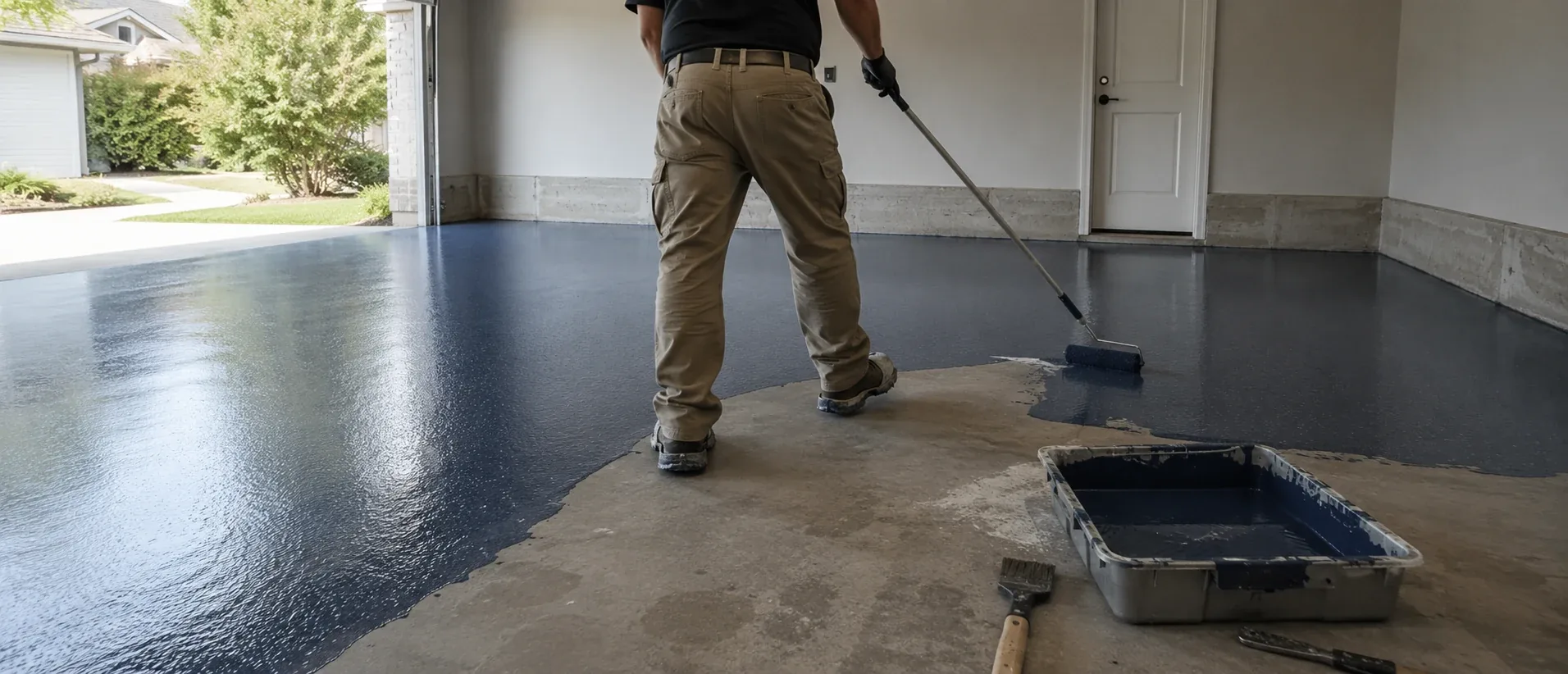 Worker applying epoxy coating to a garage floor with a roller, garage door open to daylight